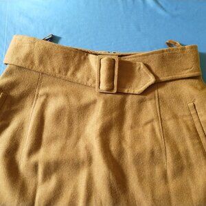 90s Long Pencil Tan Wool Skirt Faux Belt Midi Maxi